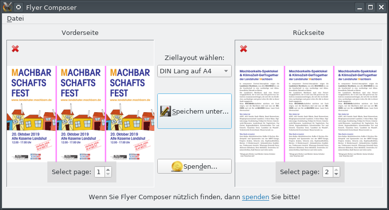 Flyer Composer GUI, localized in German,
showing a 2-page DIN Lang flyer arranged